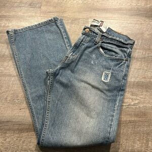 Levis R tab patched distressed Low Boot Cut 527 jeans size 33x32”